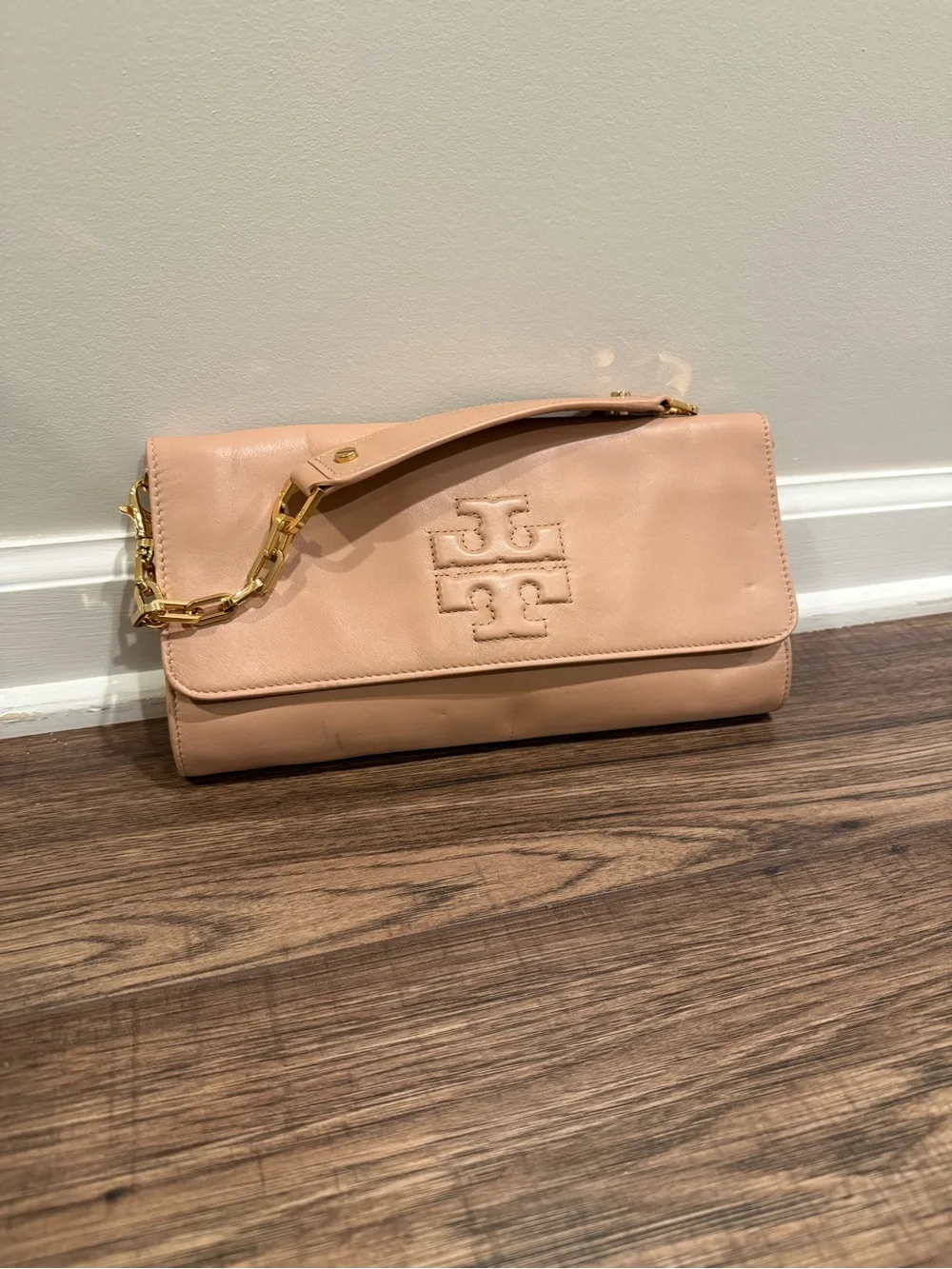 Tory Burch Blush Leather Fold-Over Wristlet with Gold Chain